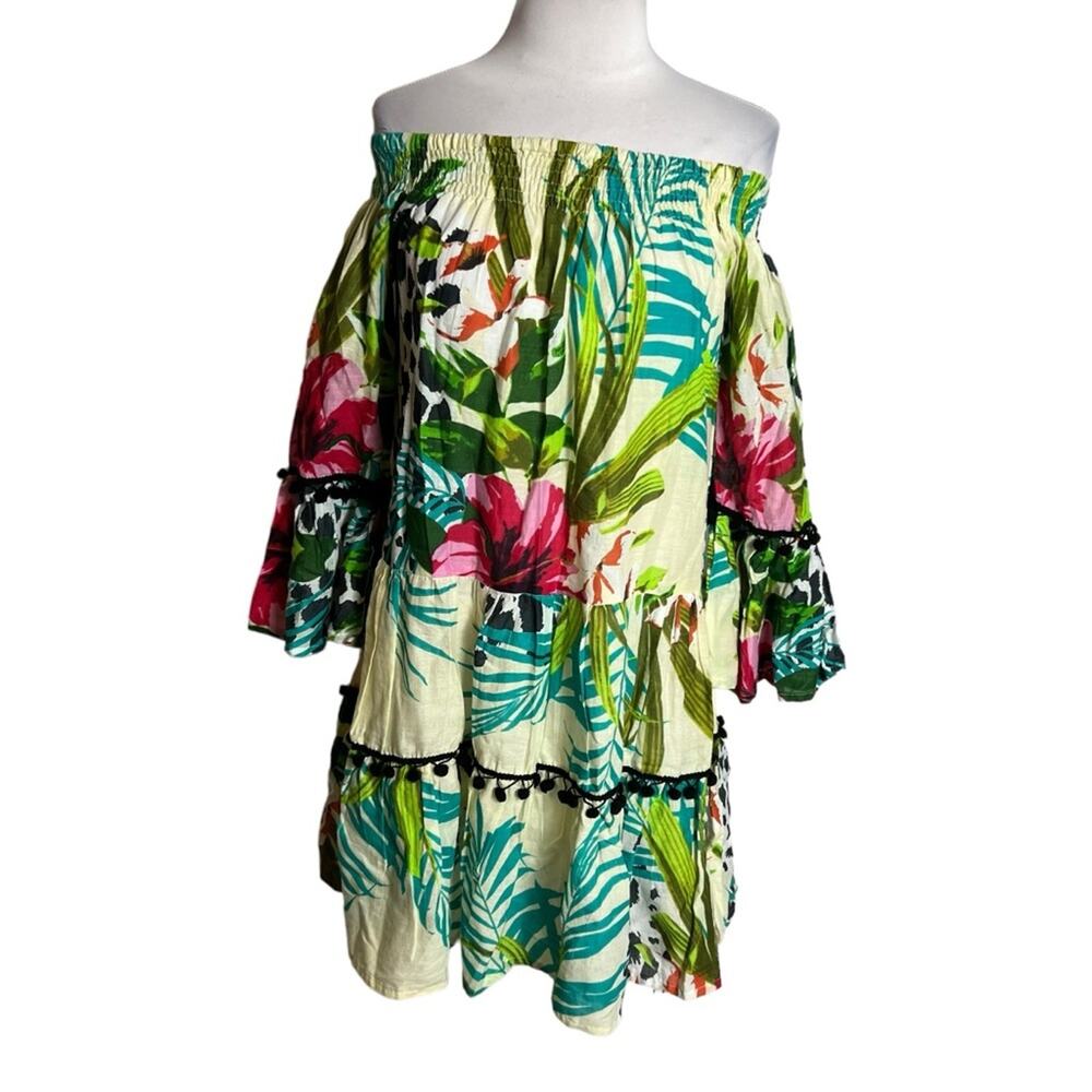 NWT Debbie Katz south beach tropical floral‎ dress odd shoulder Pom Pom Sz XS